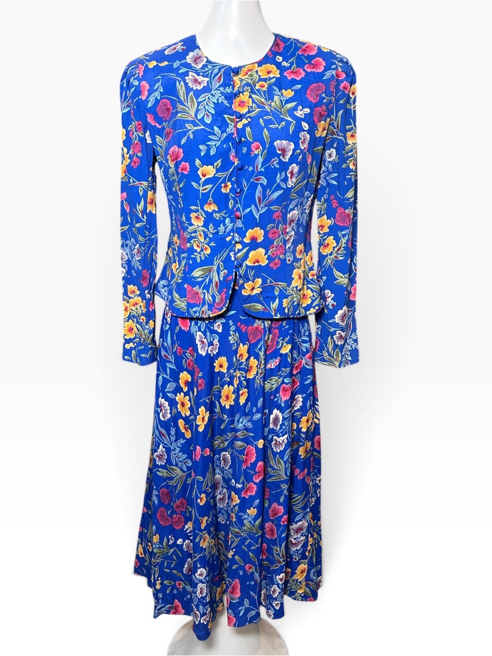 Maggy London Petites 8P Floral Jacket Skirt Set Blue Cottagecore Vintage 2 Piece